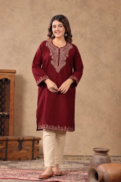 Zari & Multicolor Embroidery Kashmiri Pheran | Wine