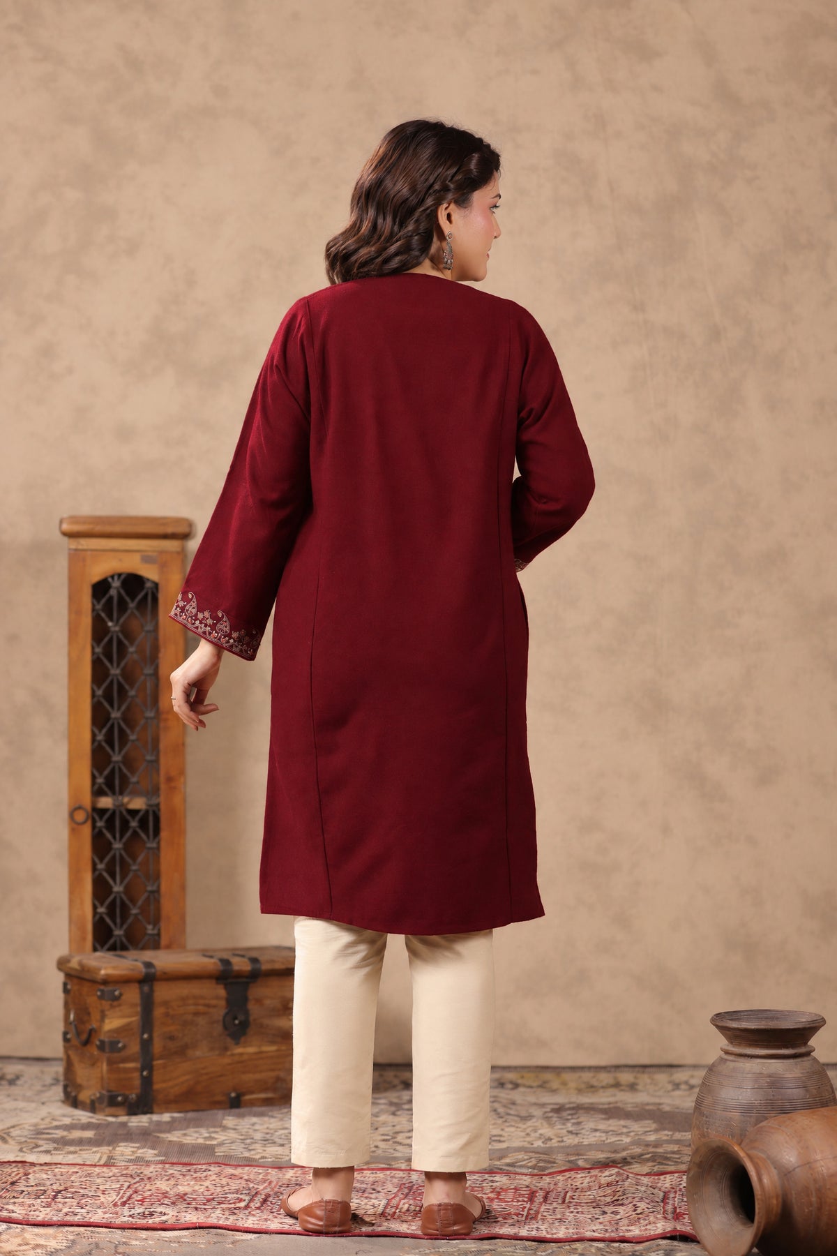 Zari & Multicolor Embroidery Kashmiri Pheran | Wine - view 2
