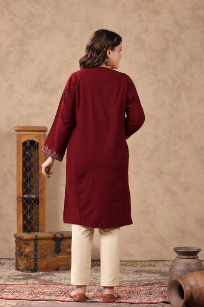 Zari & Multicolor Embroidery Kashmiri Pheran | Wine - view 2