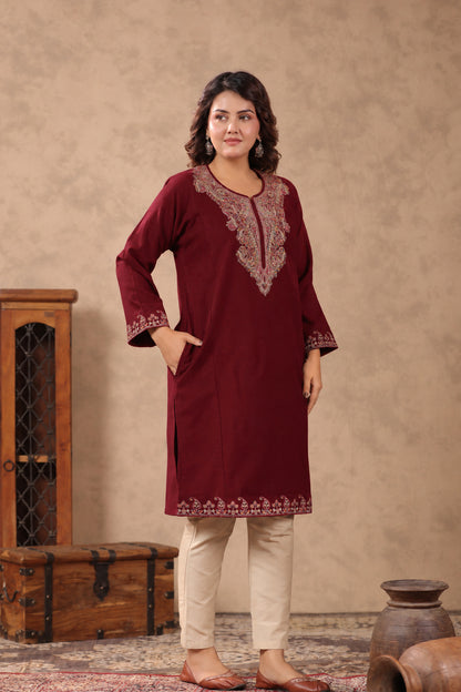 Zari & Multicolor Embroidery Kashmiri Pheran | Wine - view 3