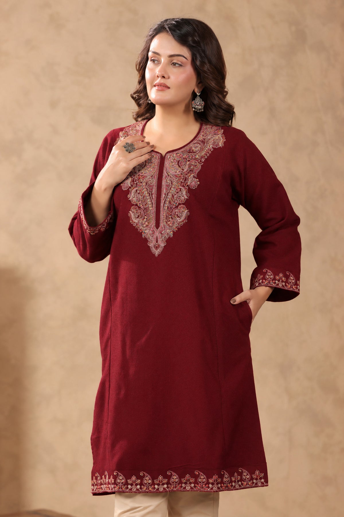 Zari & Multicolor Embroidery Kashmiri Pheran | Wine - view 4
