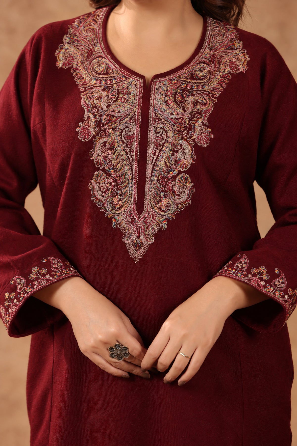 Zari & Multicolor Embroidery Kashmiri Pheran | Wine - view 5