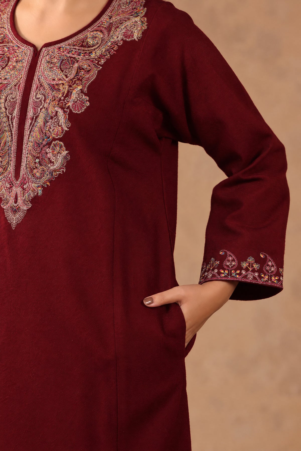 Zari & Multicolor Embroidery Kashmiri Pheran | Wine - view 6