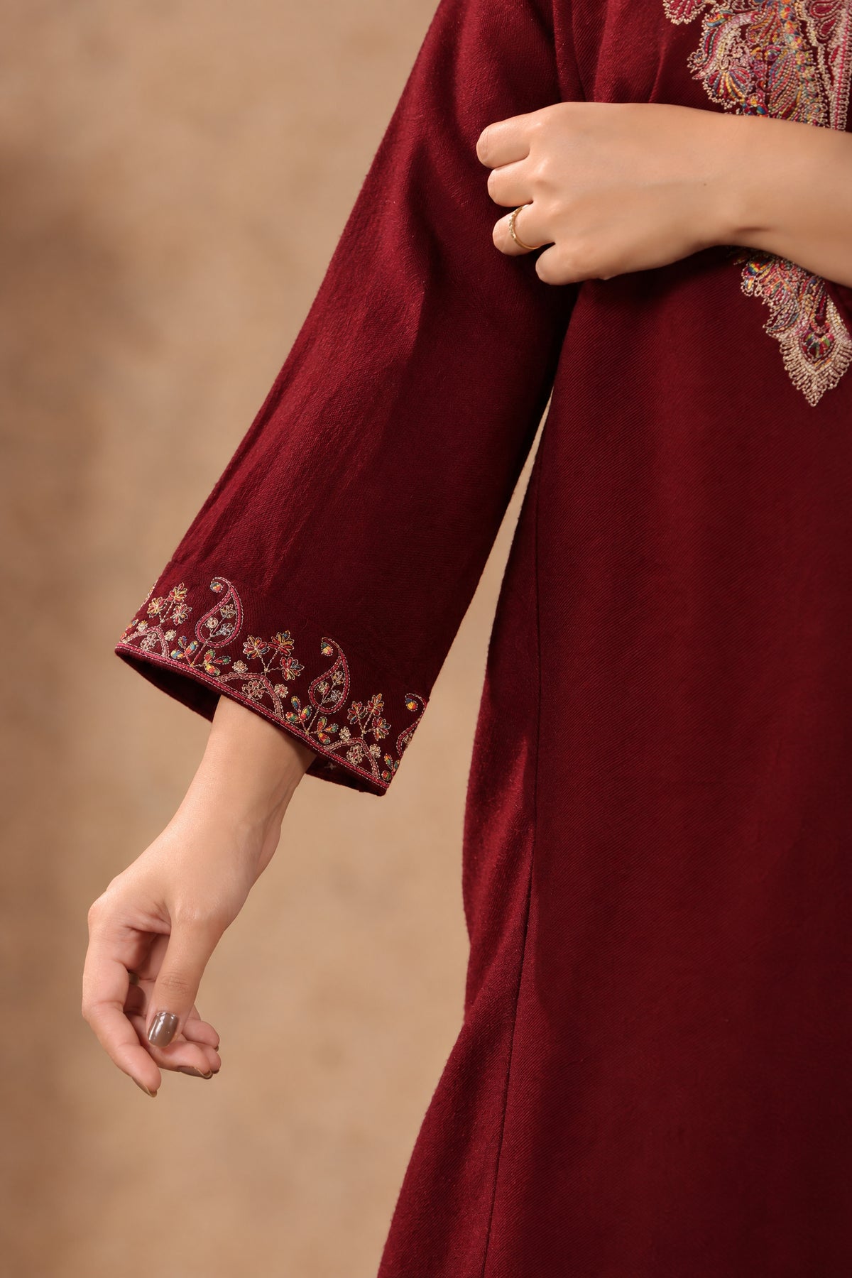 Zari & Multicolor Embroidery Kashmiri Pheran | Wine - view 7
