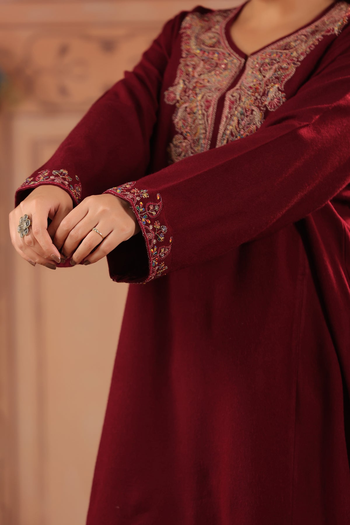 Zari & Multicolor Embroidery Kashmiri Pheran | Wine - view 8