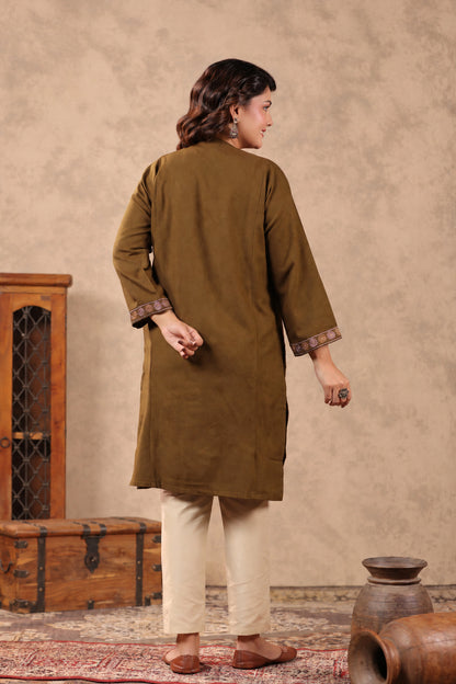 Floral Zari Embroidery Kashmiri Pheran | Tobacco Brown - view 2