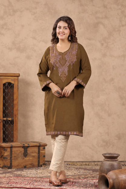 Floral Zari Embroidery Kashmiri Pheran | Tobacco Brown - view 3