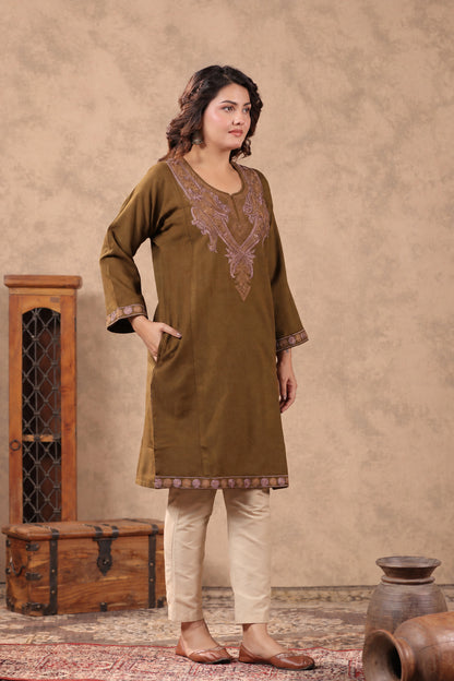 Floral Zari Embroidery Kashmiri Pheran | Tobacco Brown - view 5