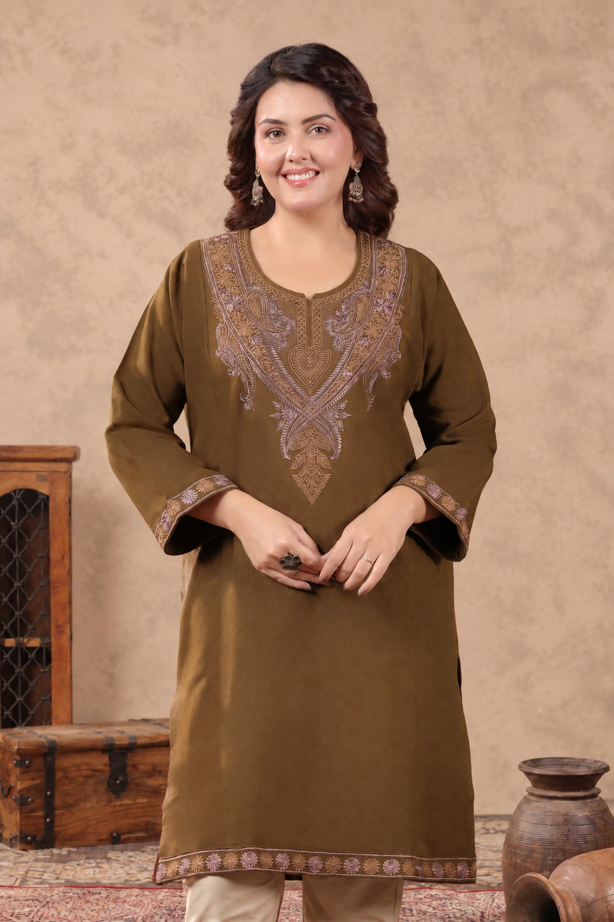 Floral Zari Embroidery Kashmiri Pheran | Tobacco Brown - view 6