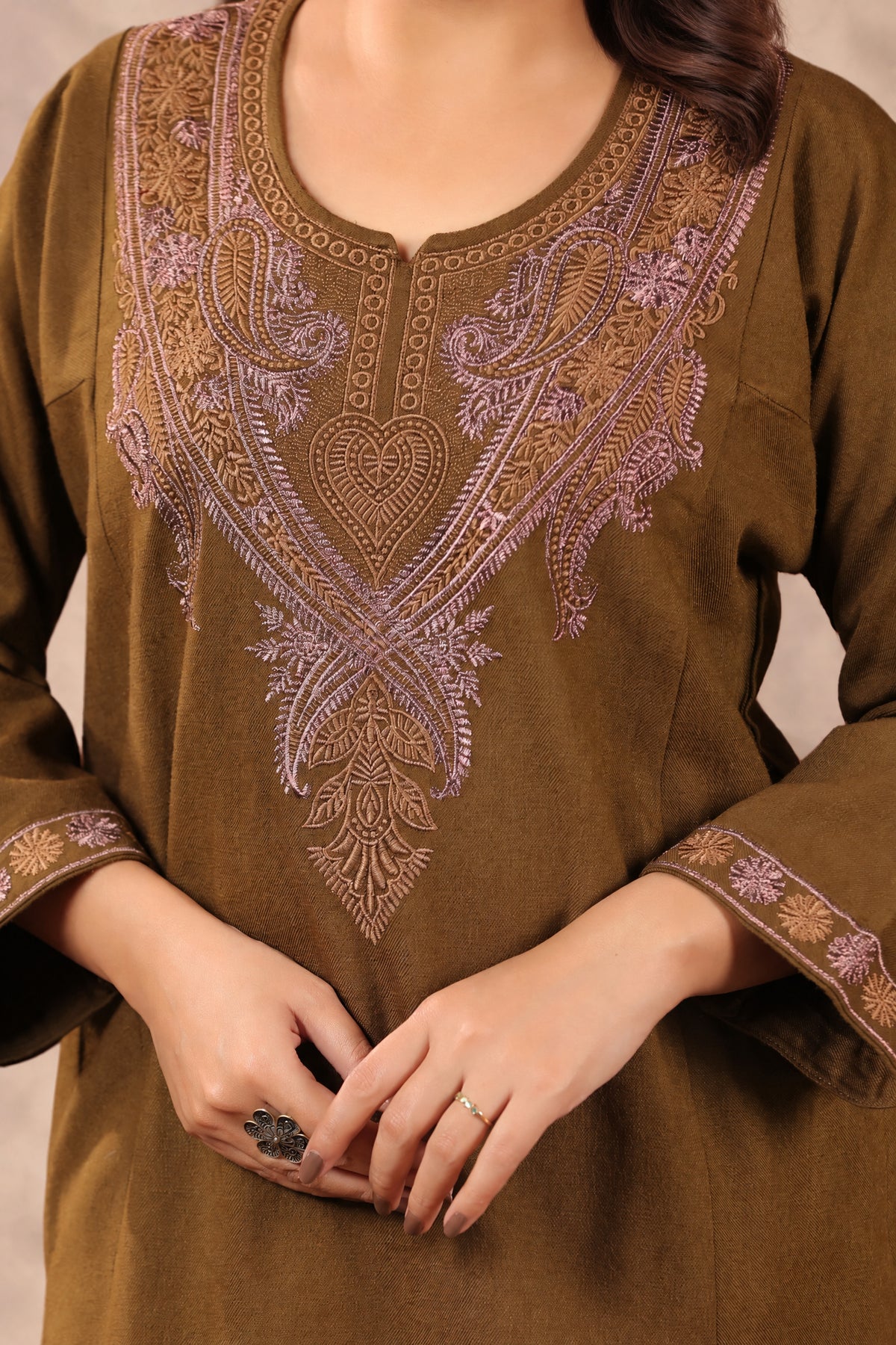 Floral Zari Embroidery Kashmiri Pheran | Tobacco Brown - view 7