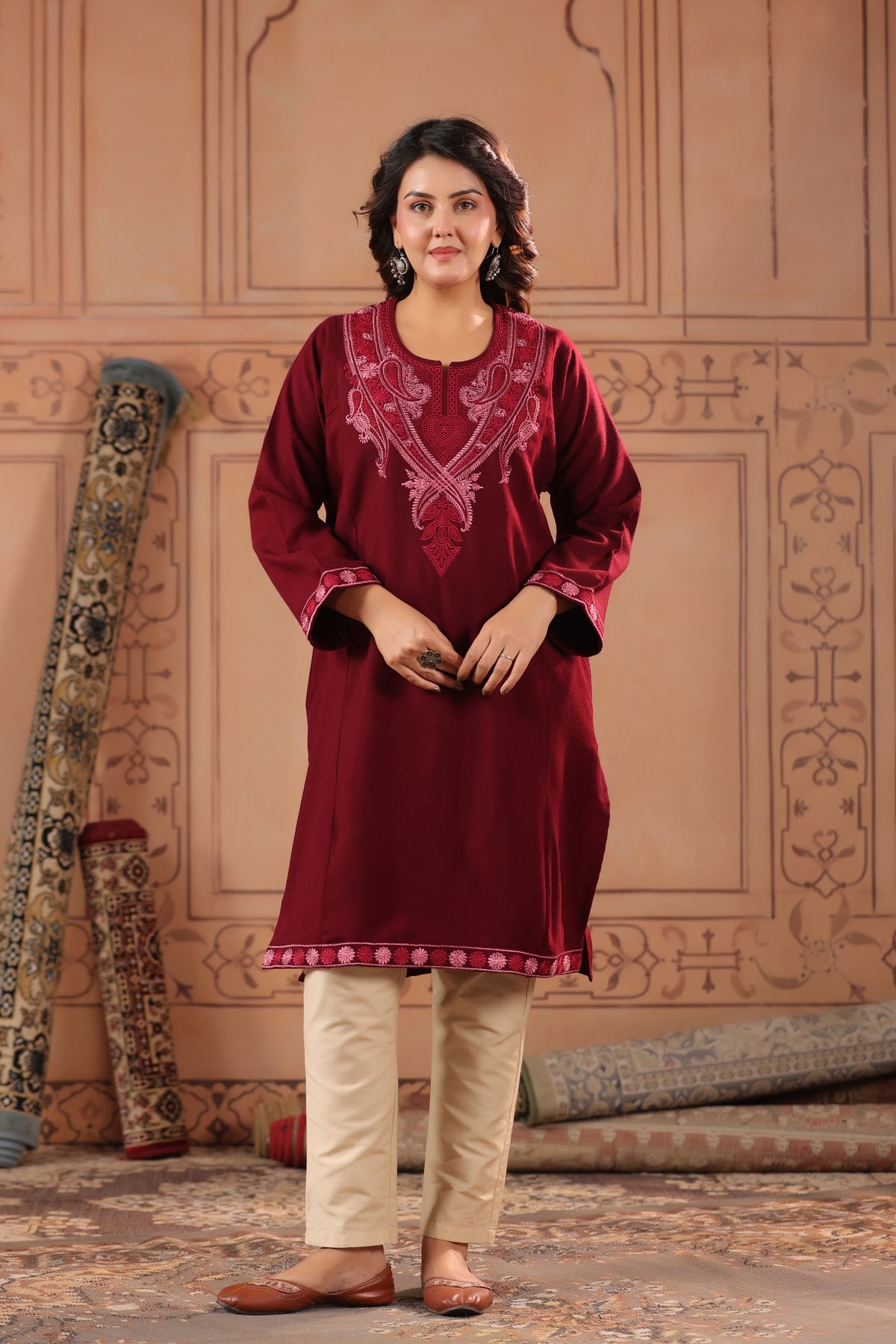 Floral Zari Embroidery Kashmiri Pheran | Wine