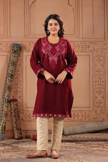 Floral Zari Embroidery Kashmiri Pheran | Wine
