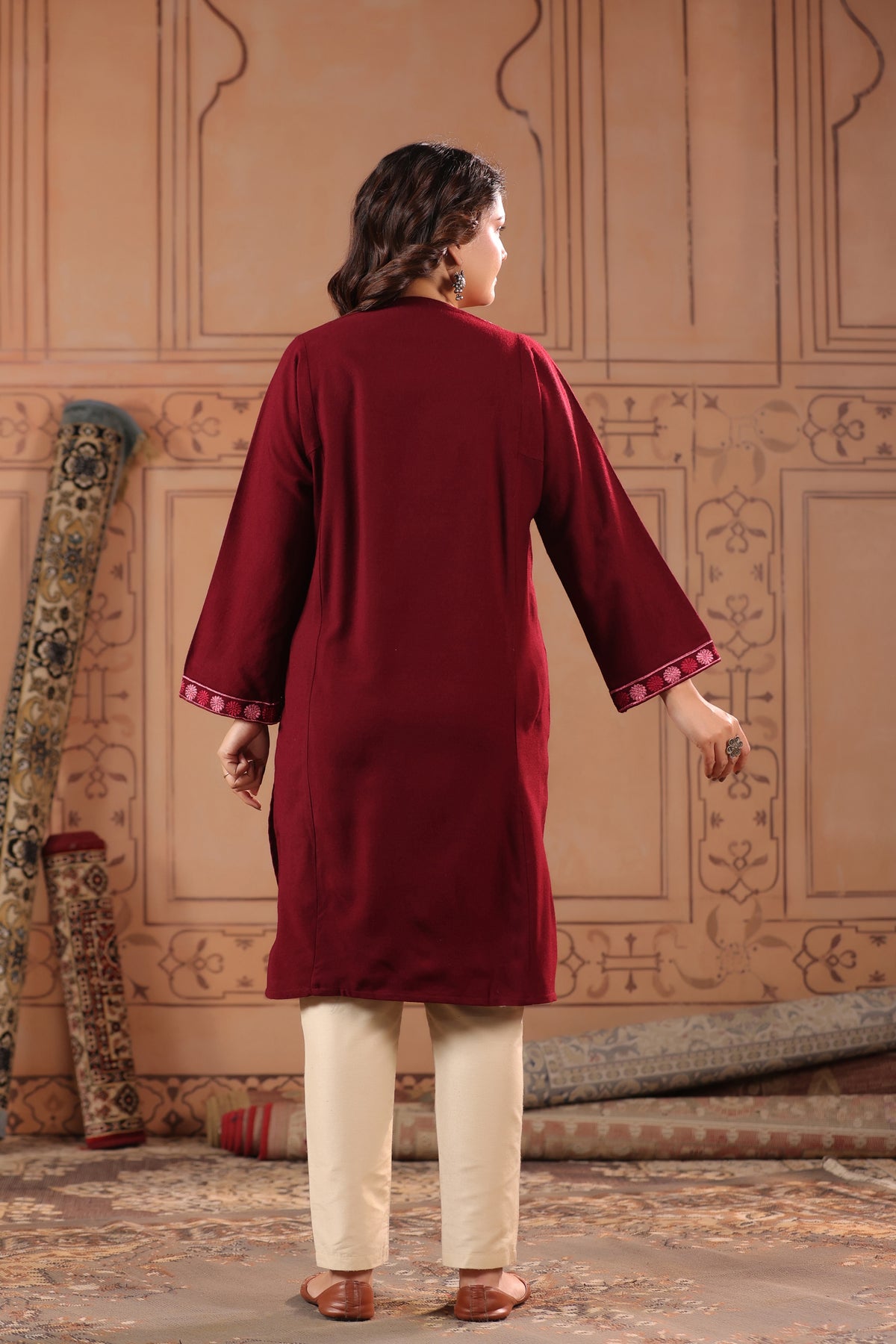 Floral Zari Embroidery Kashmiri Pheran | Wine - view 2