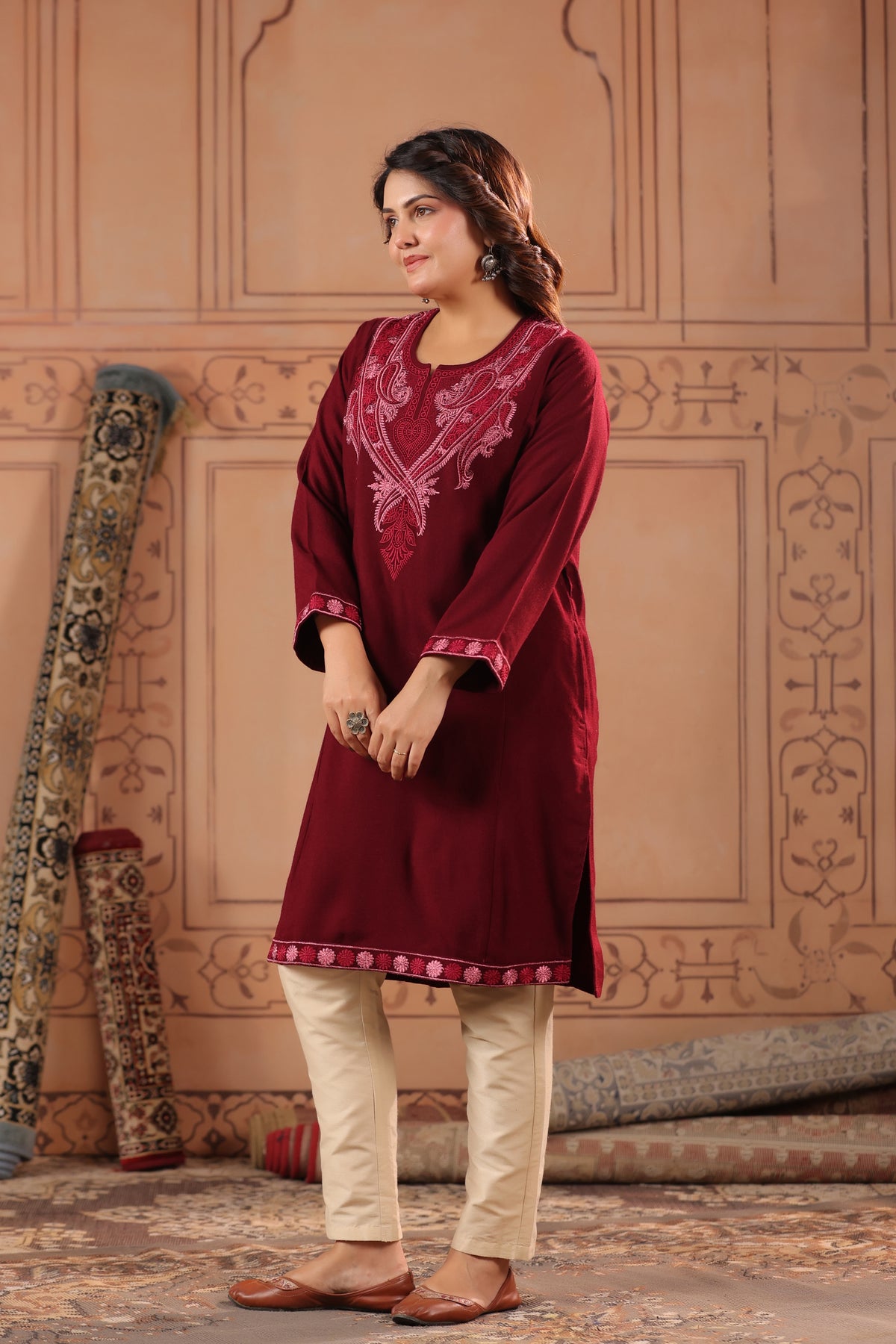 Floral Zari Embroidery Kashmiri Pheran | Wine - view 3