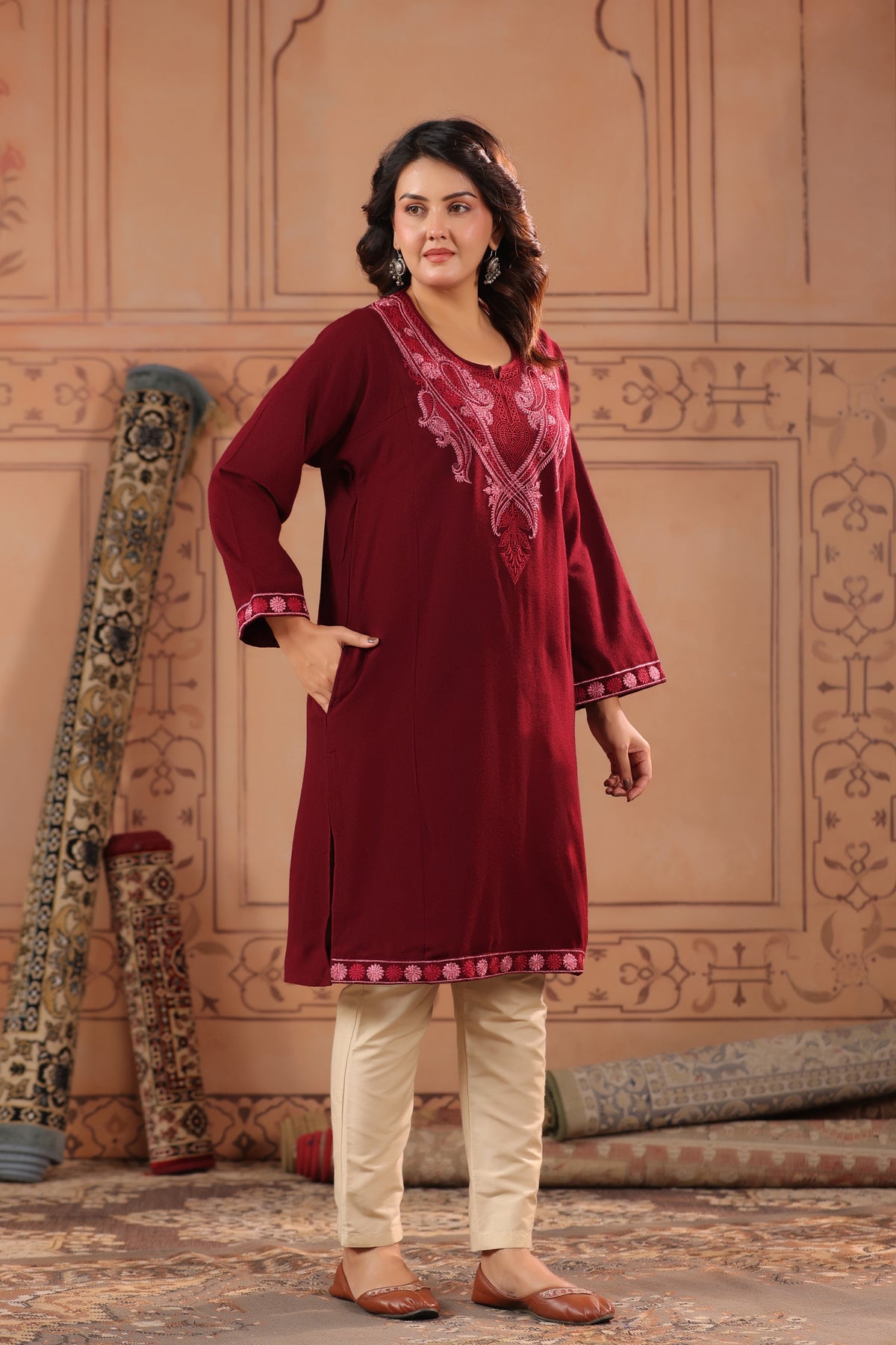 Floral Zari Embroidery Kashmiri Pheran | Wine - view 4