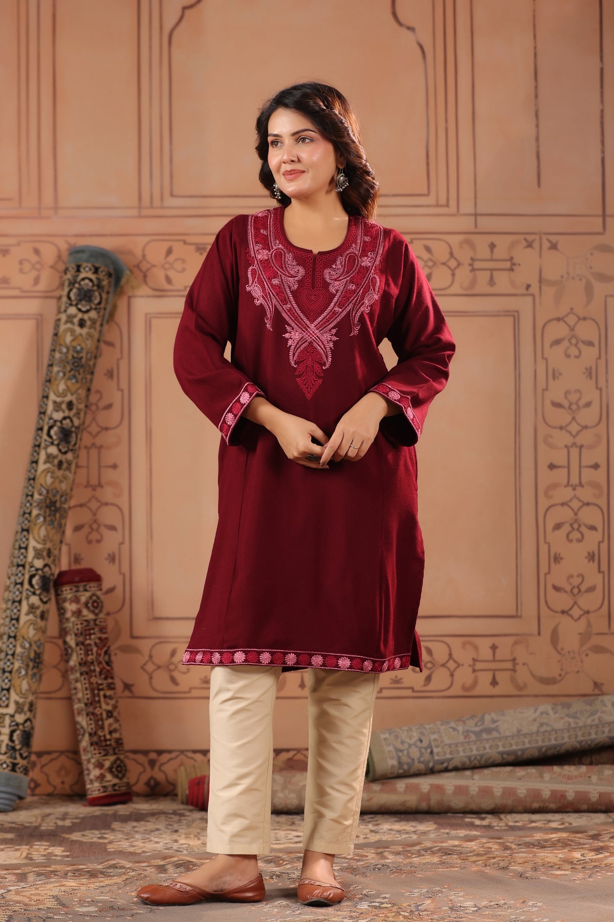 Floral Zari Embroidery Kashmiri Pheran | Wine - view 5