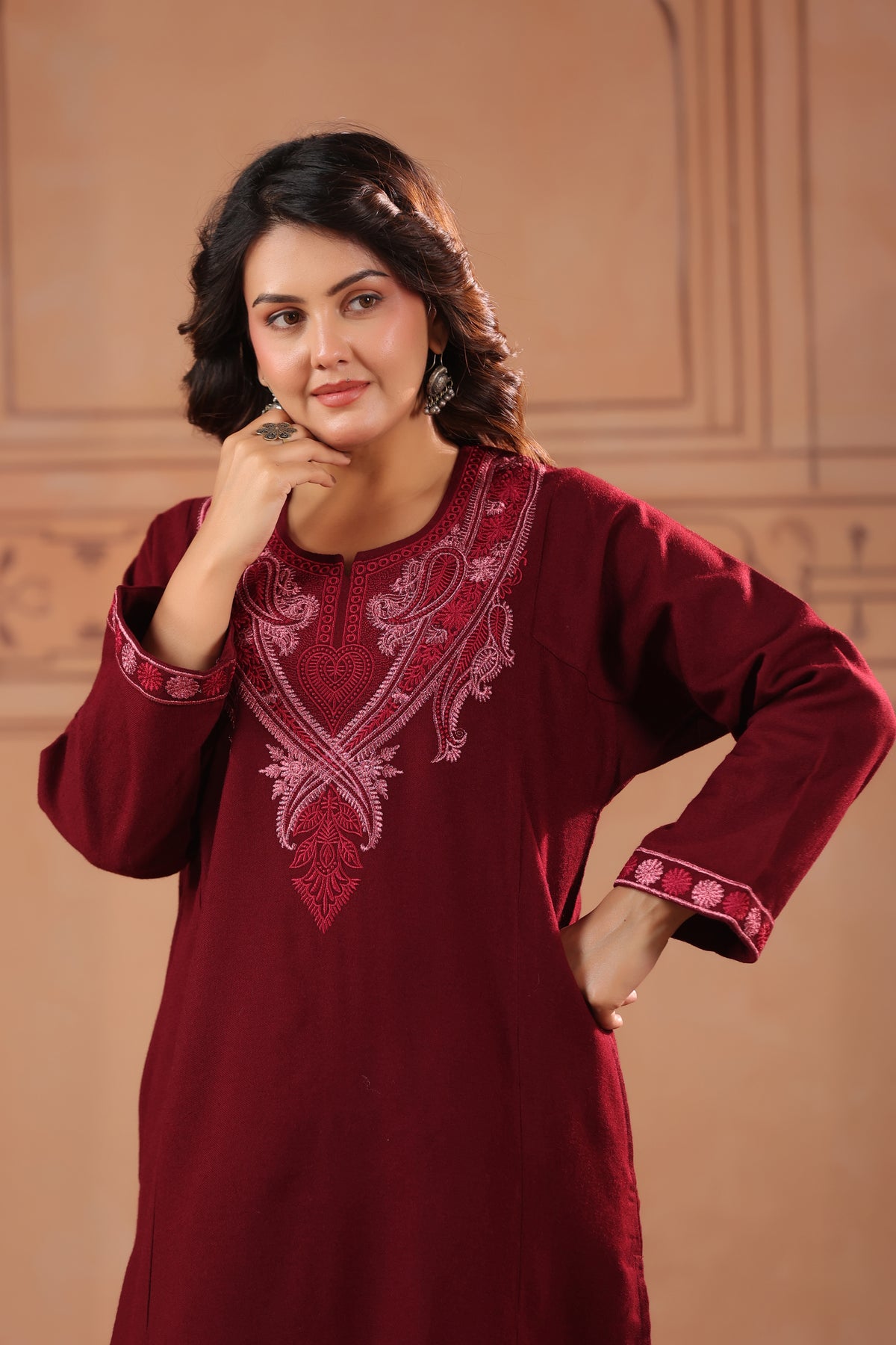 Floral Zari Embroidery Kashmiri Pheran | Wine - view 6