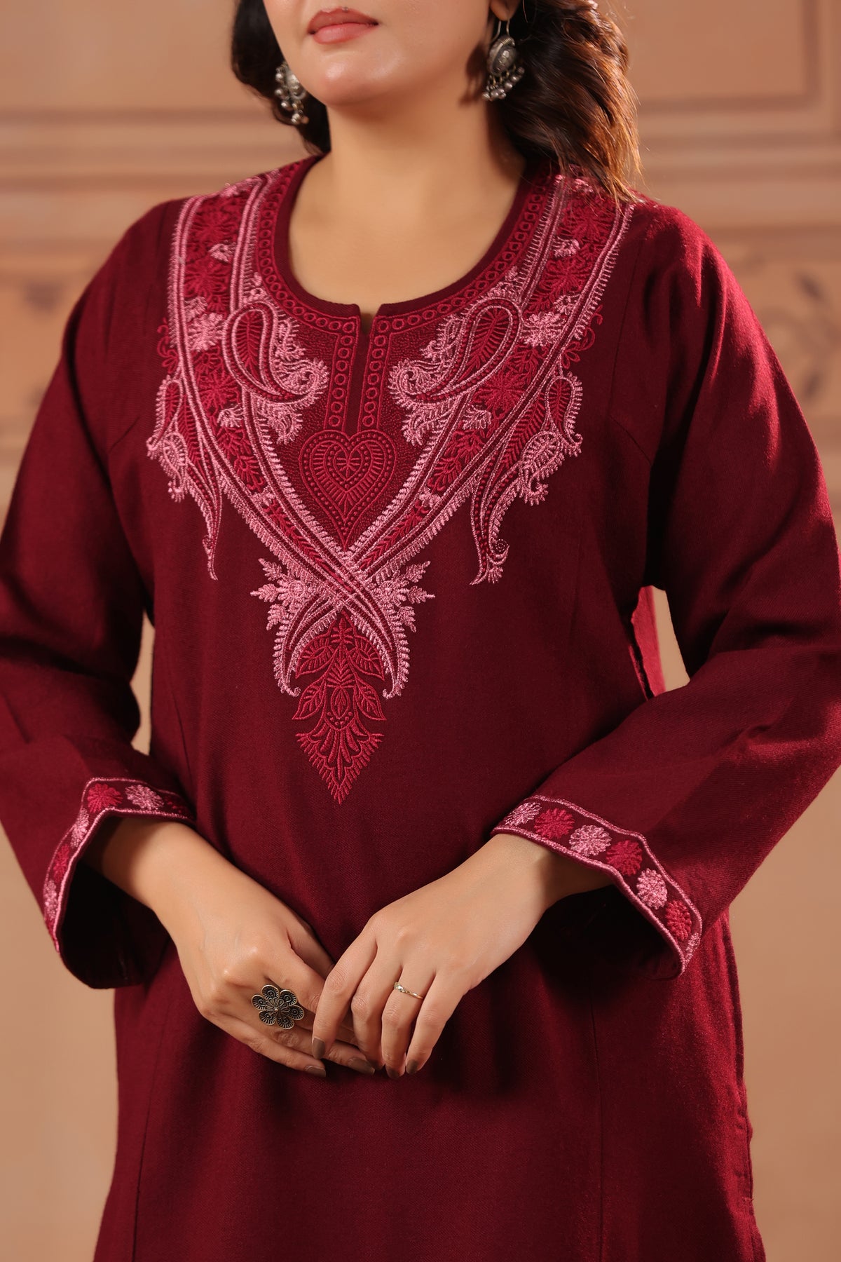 Floral Zari Embroidery Kashmiri Pheran | Wine - view 7