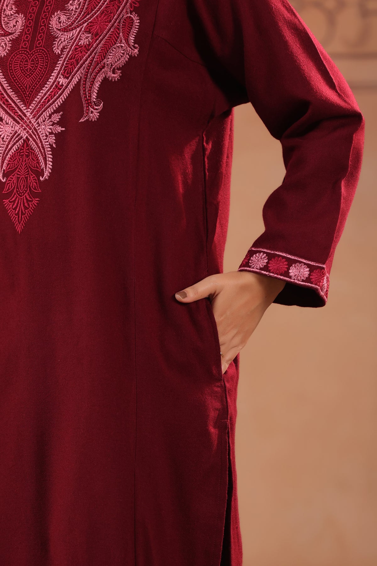 Floral Zari Embroidery Kashmiri Pheran | Wine - view 8