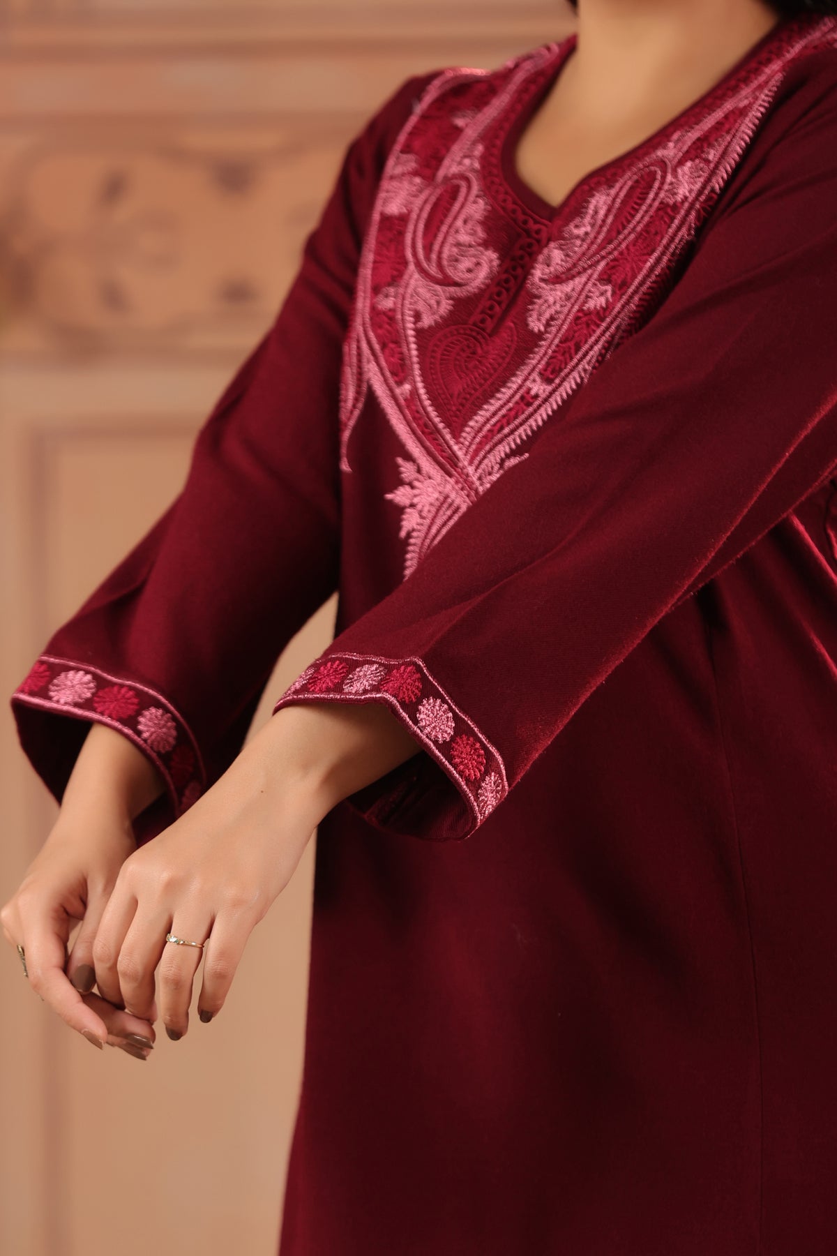 Floral Zari Embroidery Kashmiri Pheran | Wine - view 9
