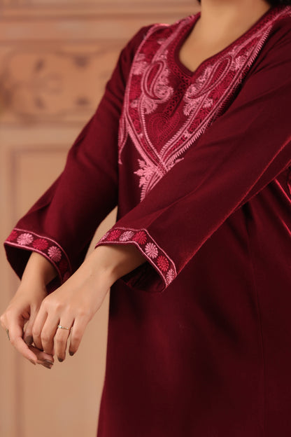 Floral Zari Embroidery Kashmiri Pheran | Wine - view 9