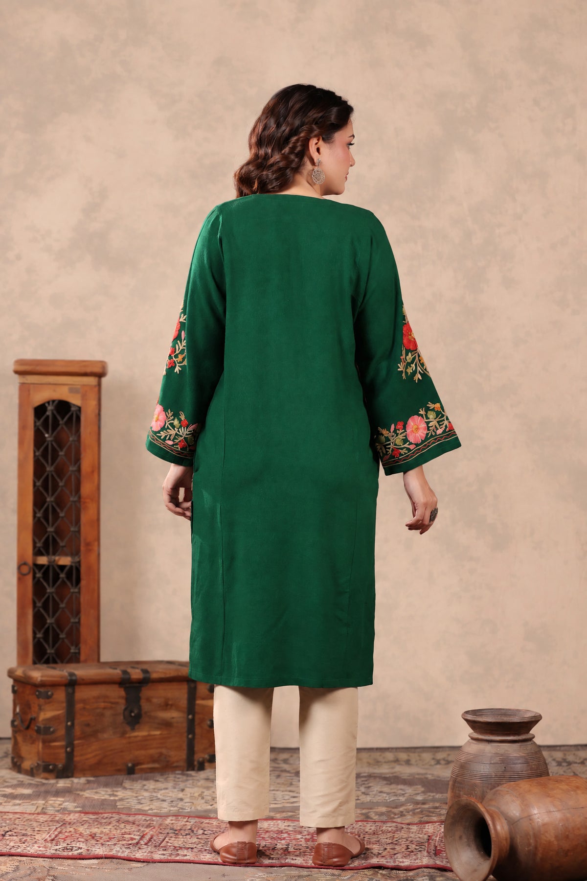 Floral Border Aari Embroidery Kashmiri Pheran | Bottle Green - view 2