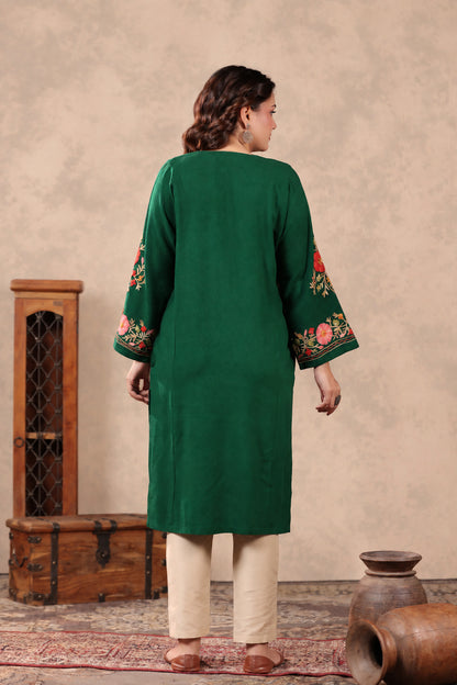 Floral Border Aari Embroidery Kashmiri Pheran | Bottle Green - view 2