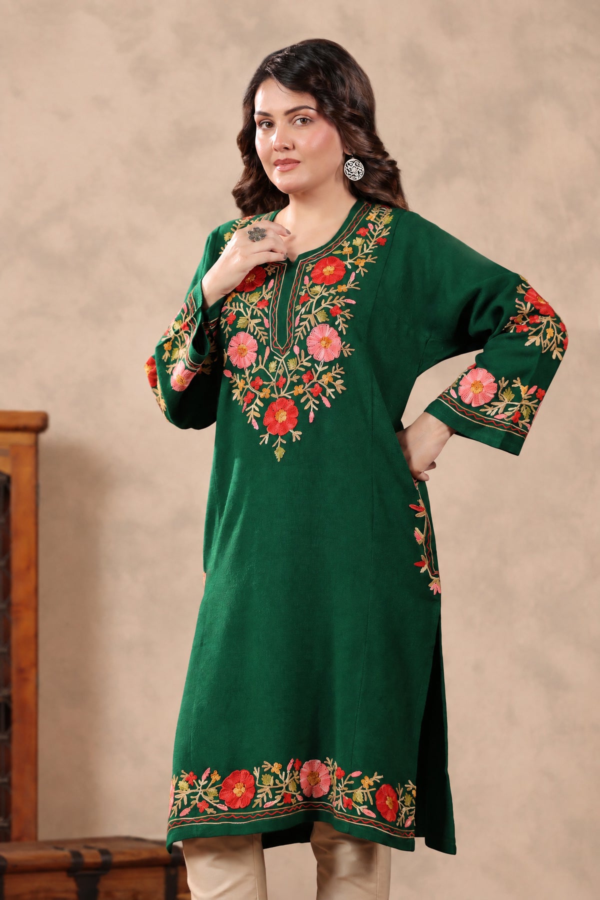 Floral Border Aari Embroidery Kashmiri Pheran | Bottle Green - view 5