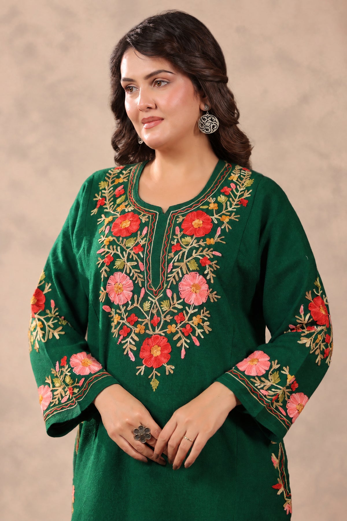 Floral Border Aari Embroidery Kashmiri Pheran | Bottle Green - view 6