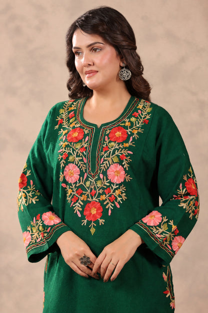 Floral Border Aari Embroidery Kashmiri Pheran | Bottle Green - view 6