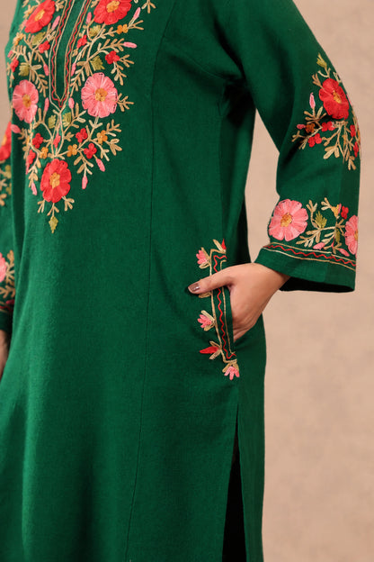Floral Border Aari Embroidery Kashmiri Pheran | Bottle Green - view 7
