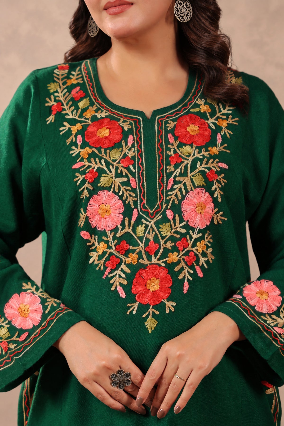 Floral Border Aari Embroidery Kashmiri Pheran | Bottle Green - view 8