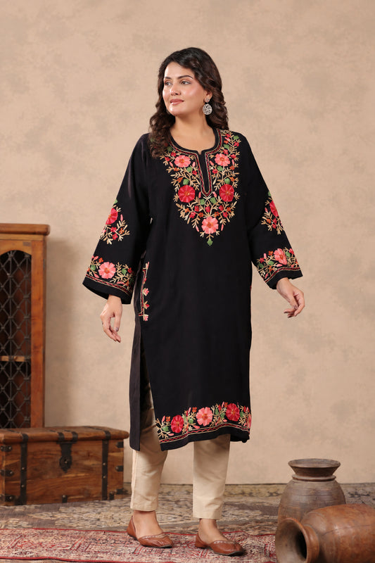 Floral Border Aari Embroidery Kashmiri Pheran | Black