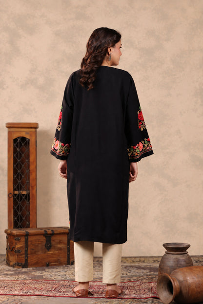 Floral Border Aari Embroidery Kashmiri Pheran | Black - view 2