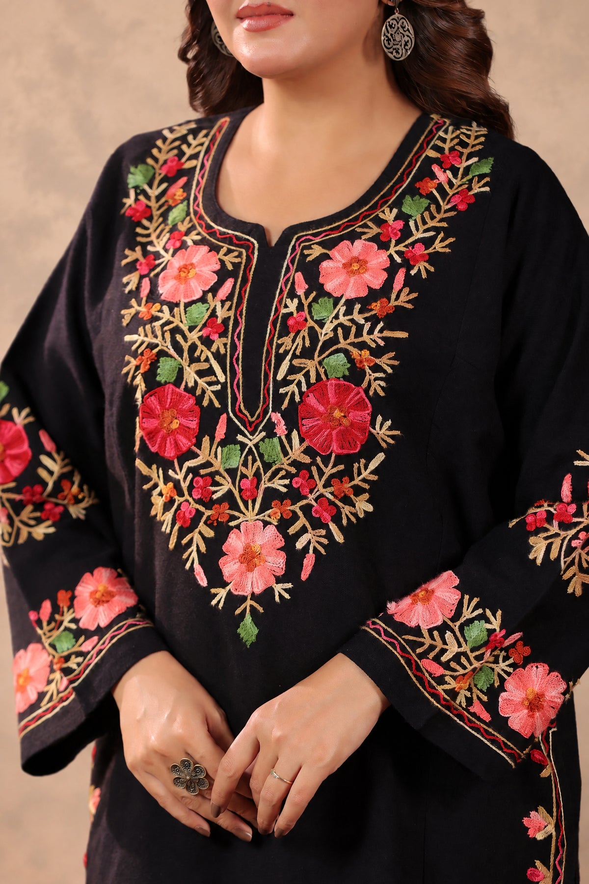 Floral Border Aari Embroidery Kashmiri Pheran | Black - view 7