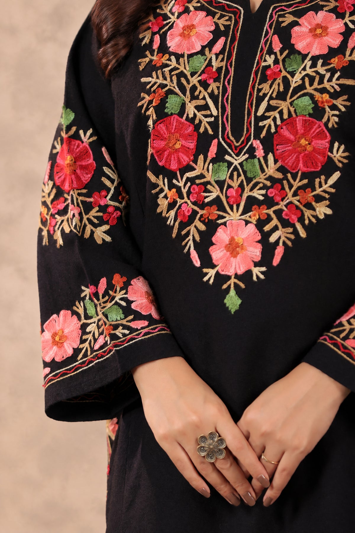 Floral Border Aari Embroidery Kashmiri Pheran | Black - view 9