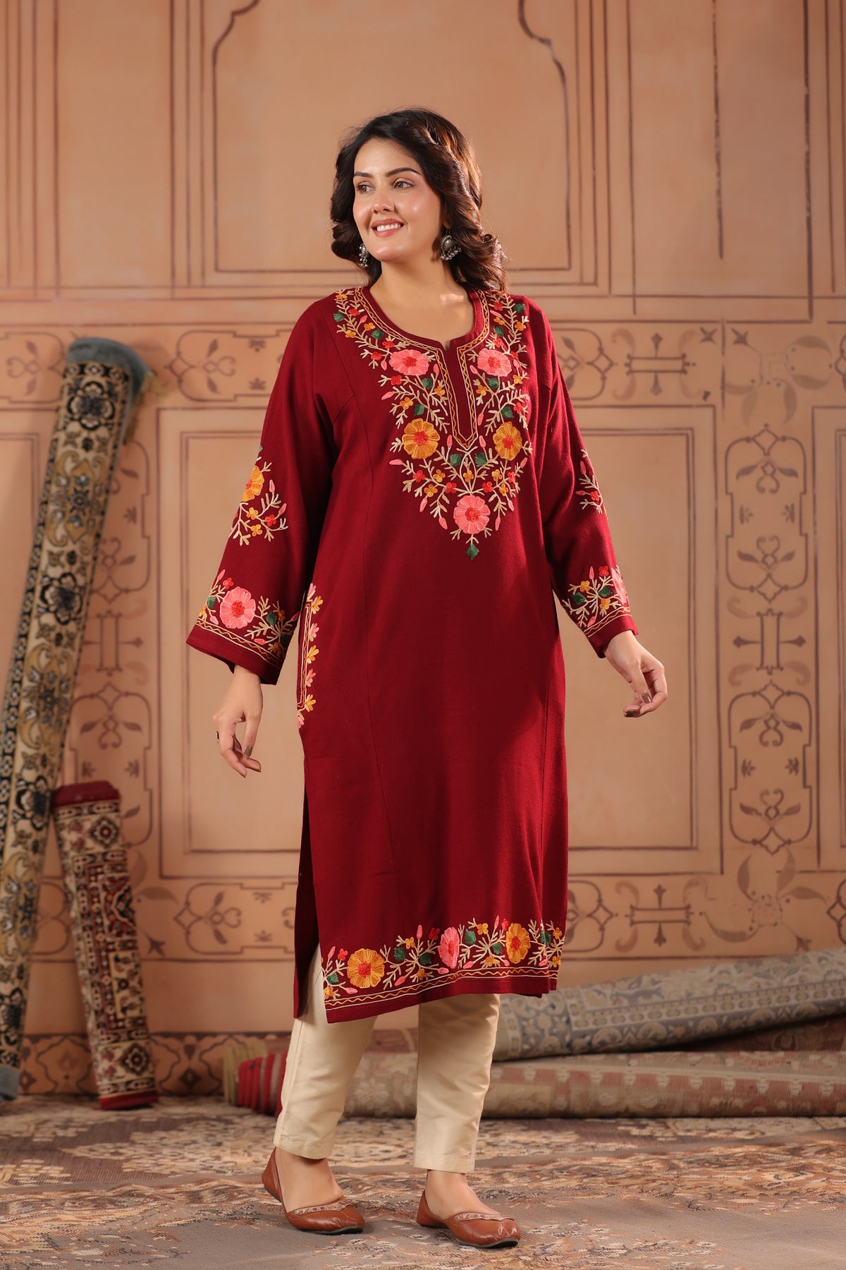 Floral Border Aari Embroidery Kashmiri Pheran | Maroon