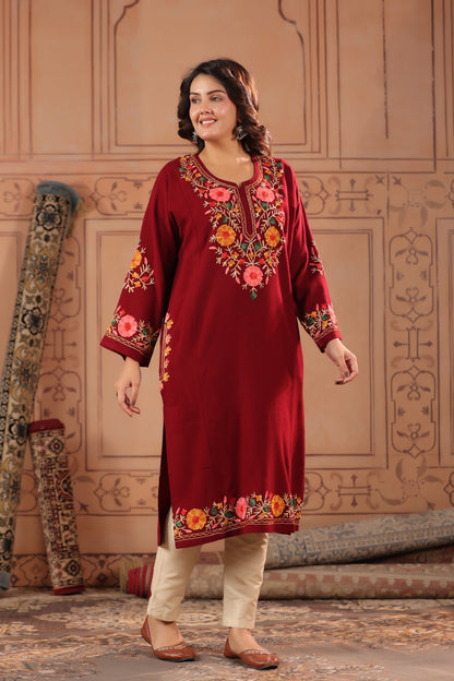 Floral Border Aari Embroidery Kashmiri Pheran | Maroon