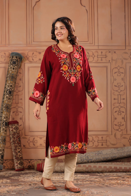 Floral Border Aari Embroidery Kashmiri Pheran | Maroon