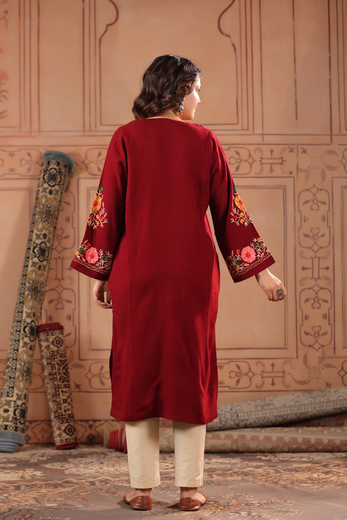 Floral Border Aari Embroidery Kashmiri Pheran | Maroon - view 2