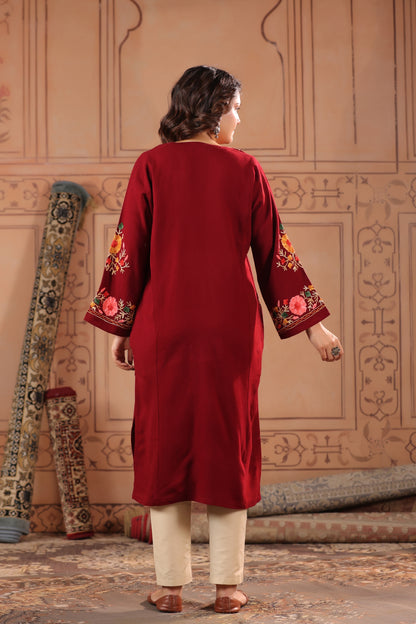Floral Border Aari Embroidery Kashmiri Pheran | Maroon - view 2