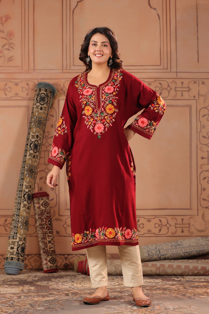 Floral Border Aari Embroidery Kashmiri Pheran | Maroon - view 3