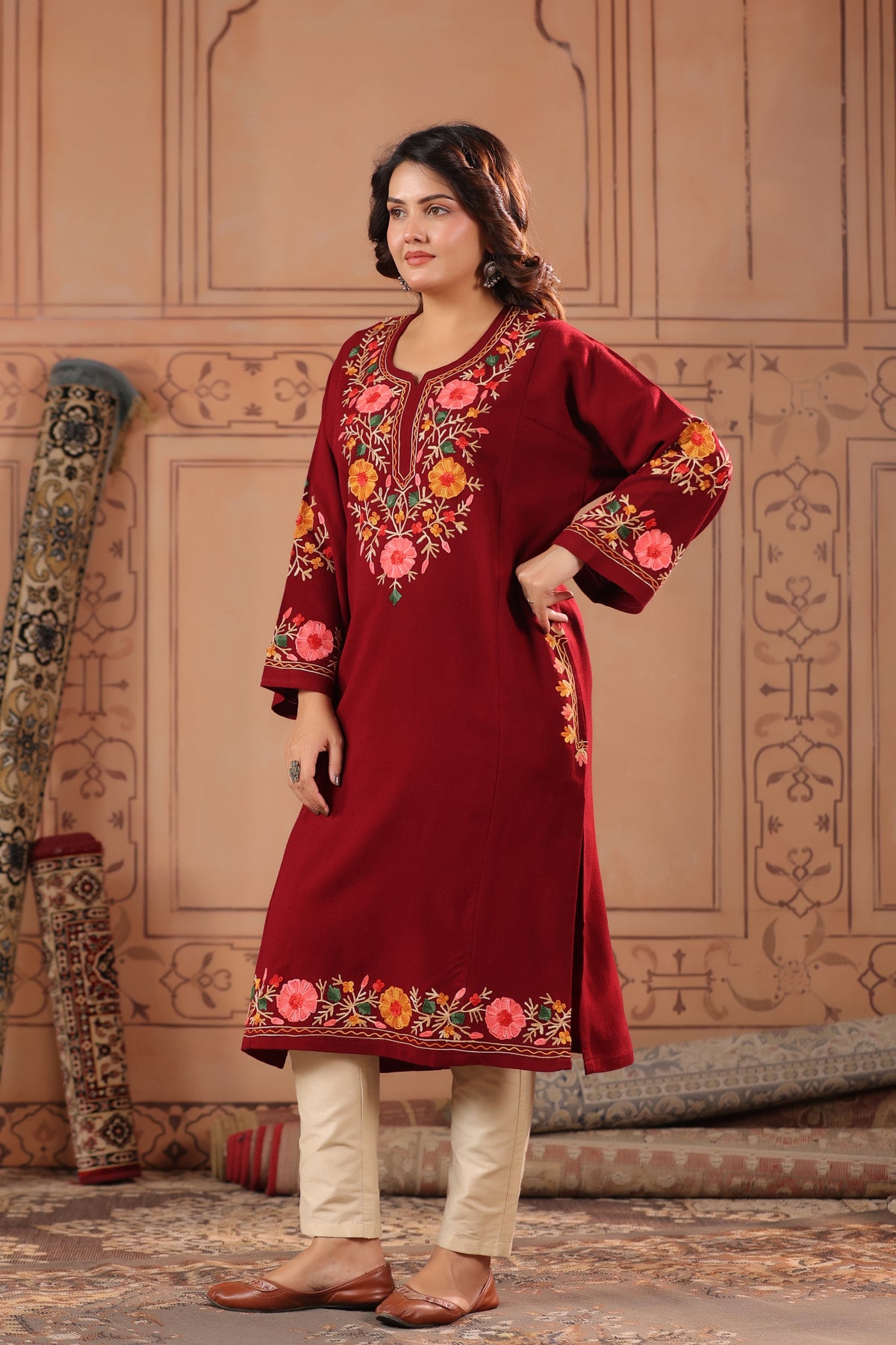 Floral Border Aari Embroidery Kashmiri Pheran | Maroon - view 4