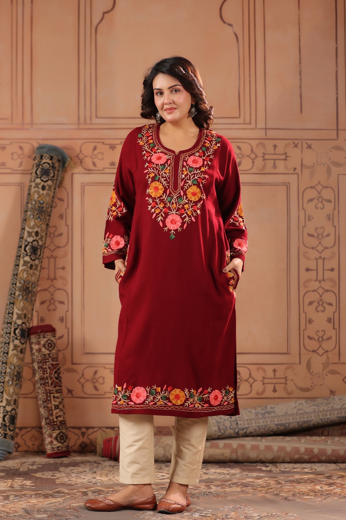 Floral Border Aari Embroidery Kashmiri Pheran | Maroon - view 5