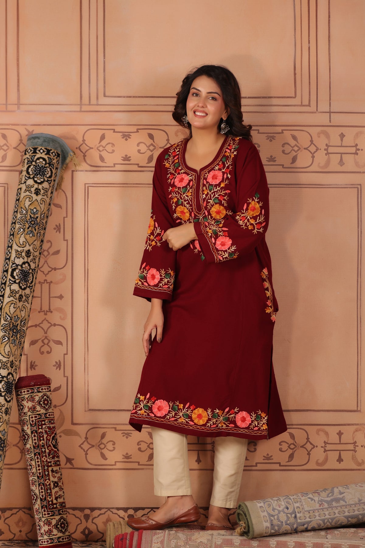 Floral Border Aari Embroidery Kashmiri Pheran | Maroon - view 6
