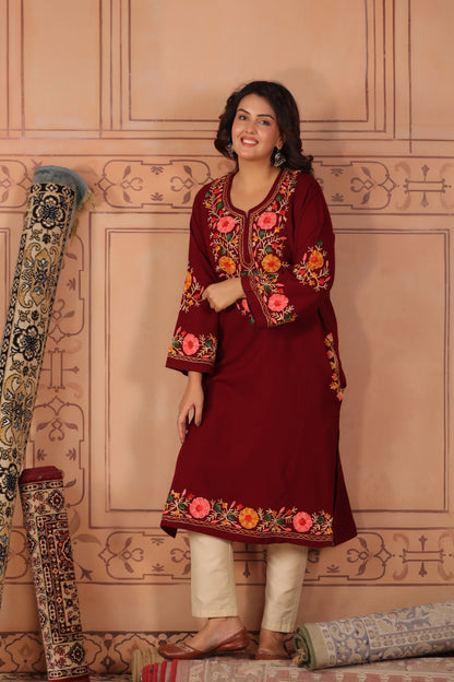 Floral Border Aari Embroidery Kashmiri Pheran | Maroon - view 6