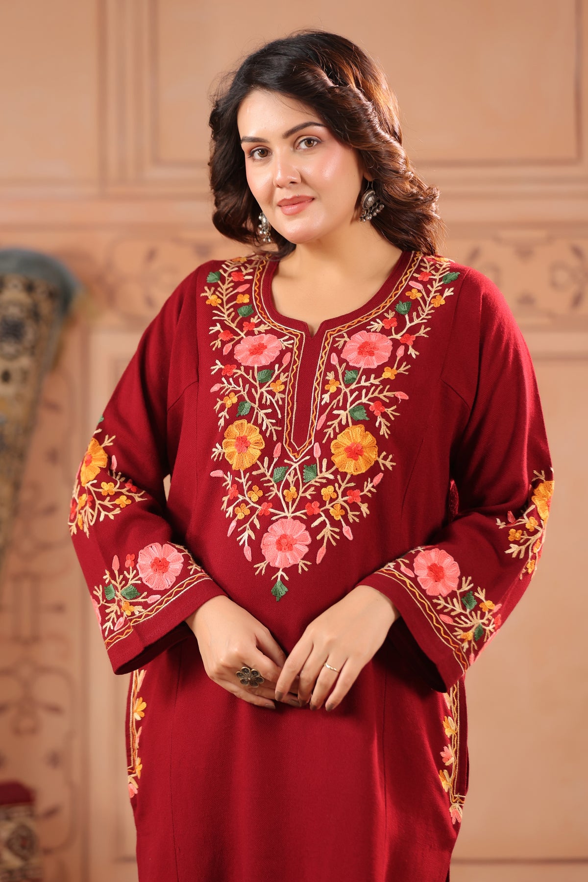 Floral Border Aari Embroidery Kashmiri Pheran | Maroon - view 7