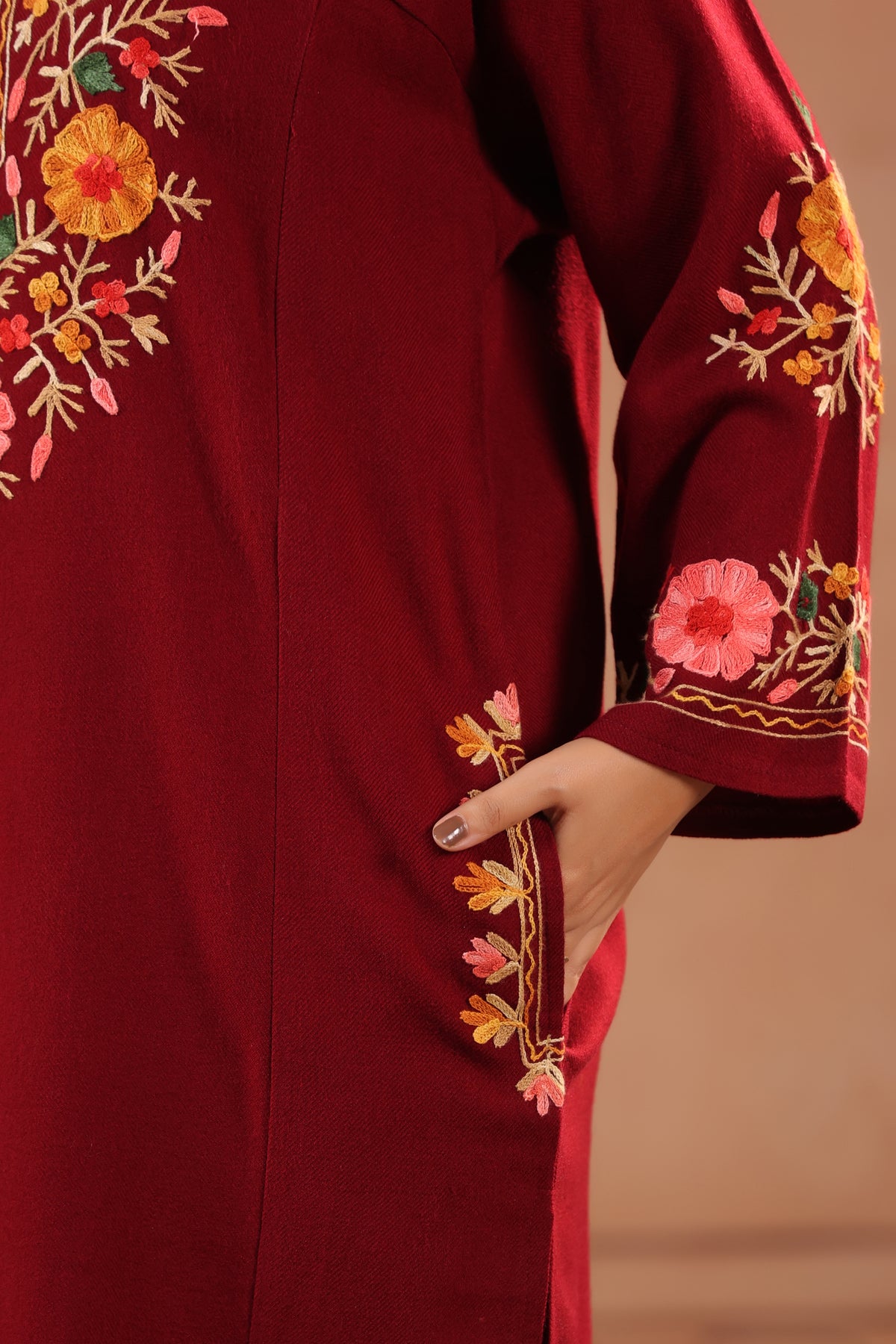 Floral Border Aari Embroidery Kashmiri Pheran | Maroon - view 8