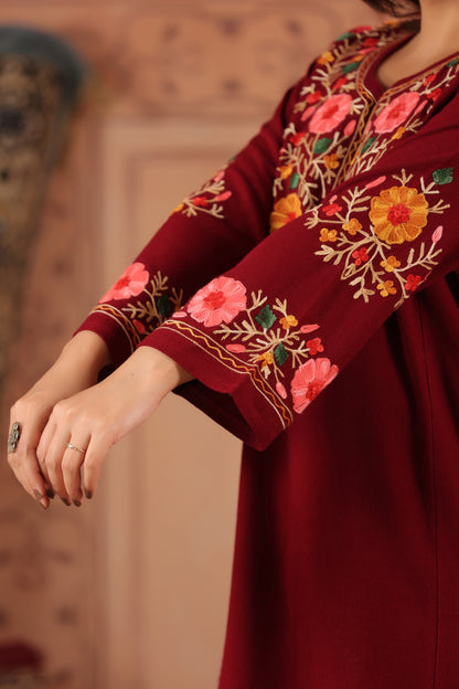 Floral Border Aari Embroidery Kashmiri Pheran | Maroon - view 9