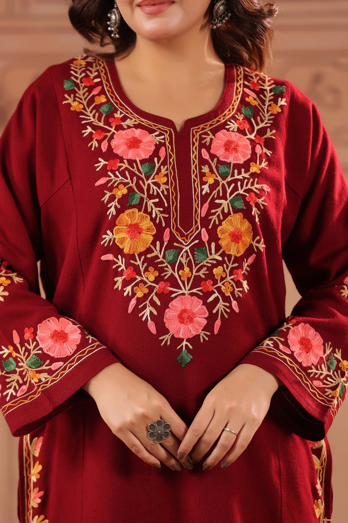Floral Border Aari Embroidery Kashmiri Pheran | Maroon - view 10